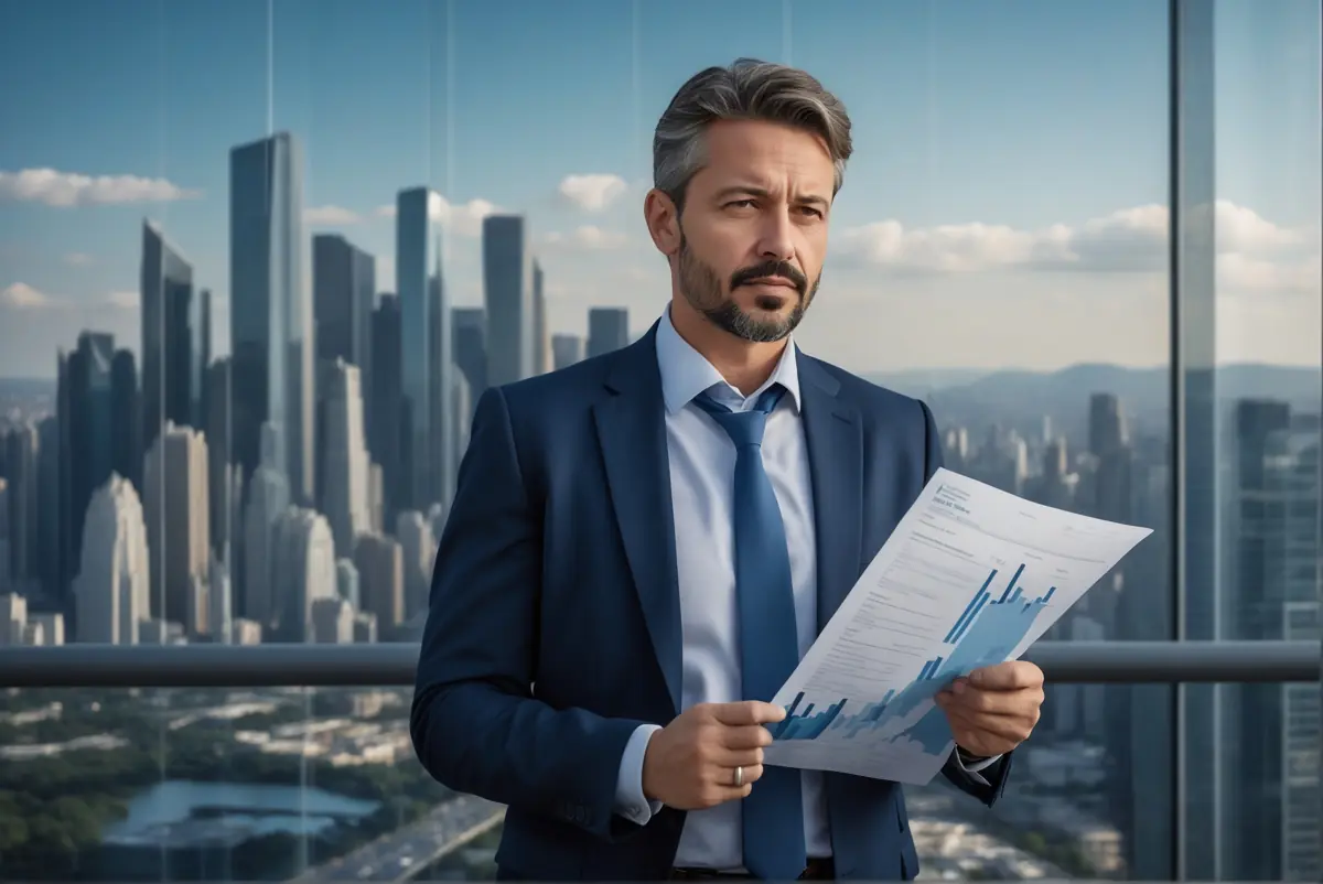 Ein Geschäftsmann mit Bart hält Dokumente zur steuerlichen Verlustrechnung in der Hand und steht auf einem Balkon mit Blick auf die Stadtlandschaft.