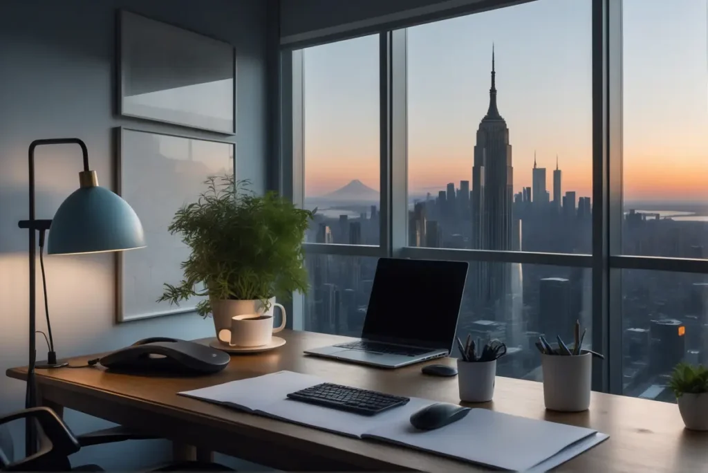 Ein mit Laptop, Schreibtischlampe und Pflanze eingerichtetes Home-Office mit Blick auf die Skyline einer Stadt bei Sonnenaufgang, mit einem markanten Wolkenkratzer für effektive Heimarbeit.