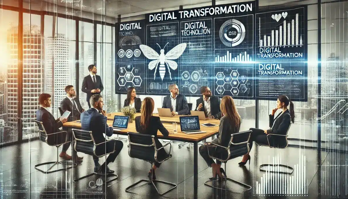Vorstandssitzung mit zehn Personen, die über digitale Transformation und Investitionen in Digitalisierung diskutieren. Auf einem hell erleuchteten Bildschirm werden auf einer großen Digitalanzeige technologische Grafiken, Diagramme und ein Schmetterlingsdiagramm angezeigt.