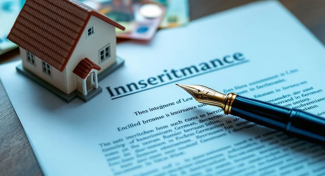 Erbschaftsteuer Steuerklassen – Erbdokumente und Hausmodell auf Schreibtisch