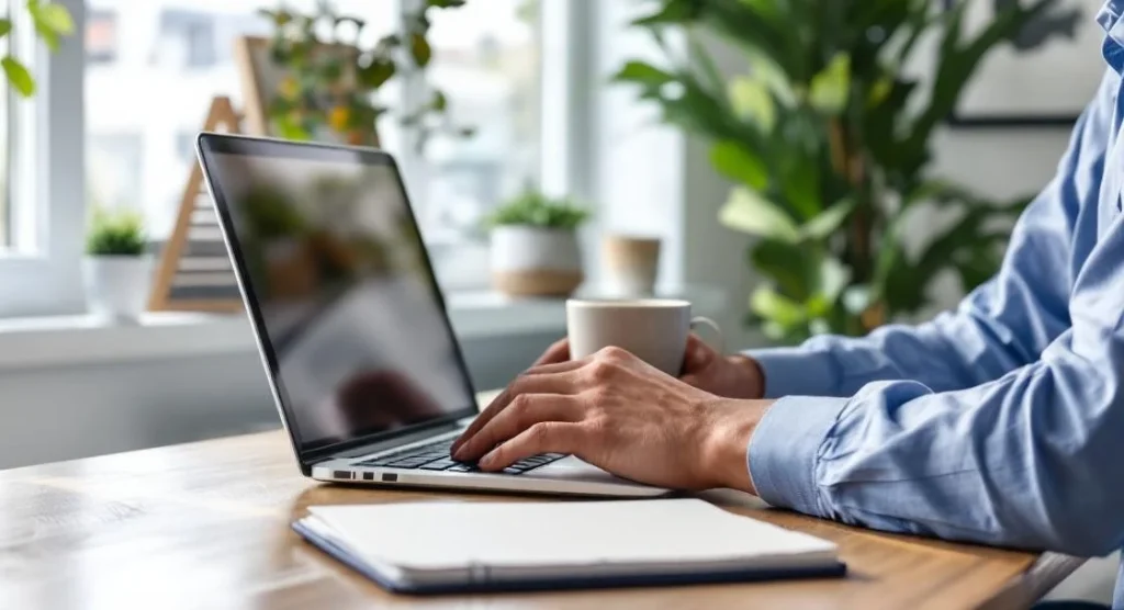 Person arbeitet professionell im Homeoffice am Schreibtisch - homeoffice pauschale